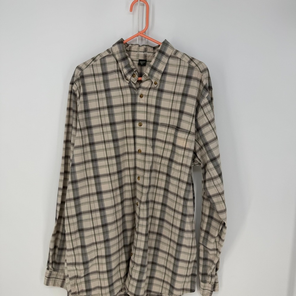 Eddie Bauer Button Down Shirt Mens‎ XL Tall Cream Green Plaid Cotton Gorpcore